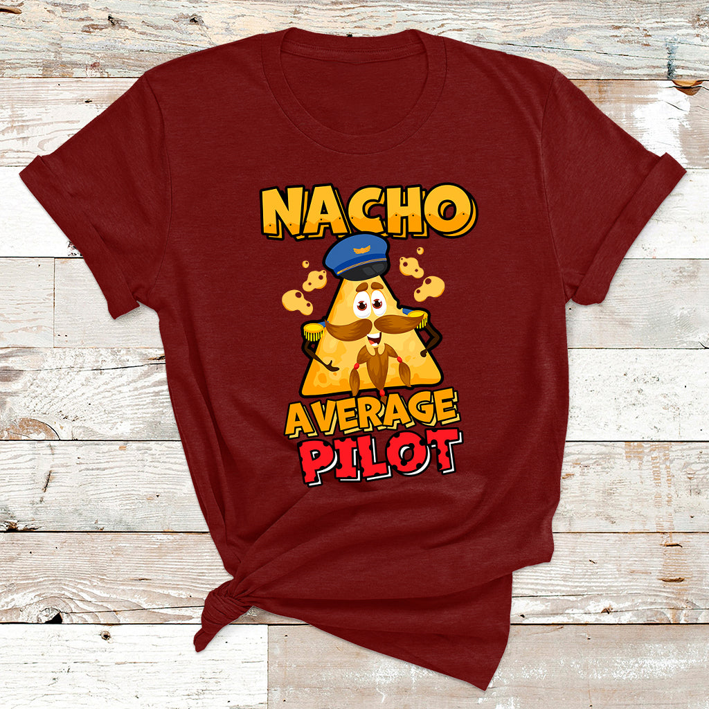 Maroon crewneck T-shirt with cartoon "Nacho Average Pilot" graphic on front