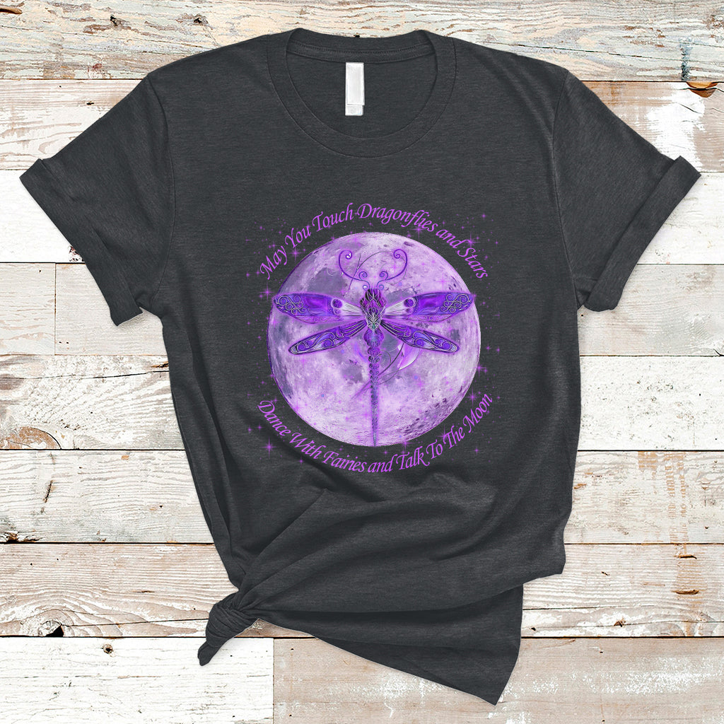 Black T-shirt with purple dragonfly moon graphic in a circular design
