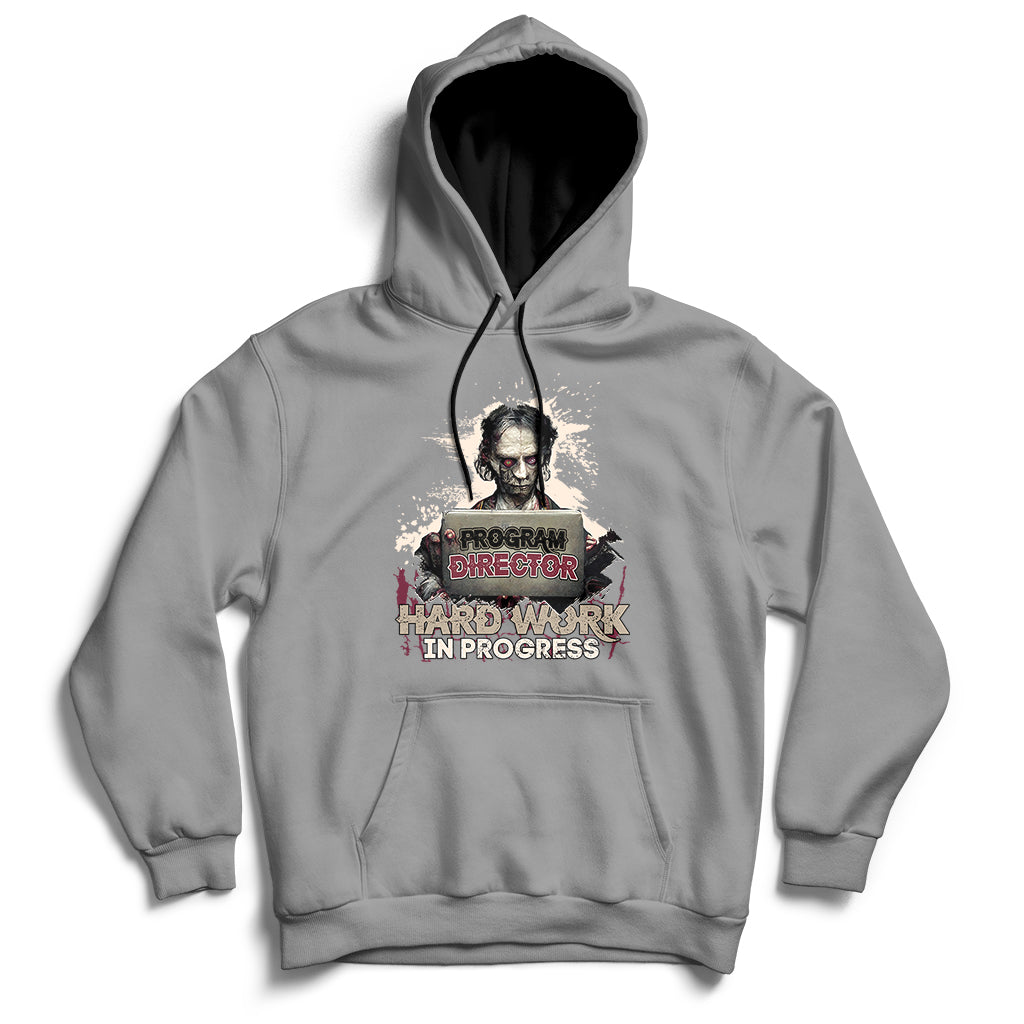 Gray pullover hoodie with chest graphic: 'Hard Work In Progress'