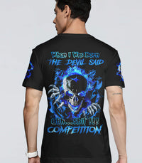 Black graphic skull t-shirt with blue back print and text