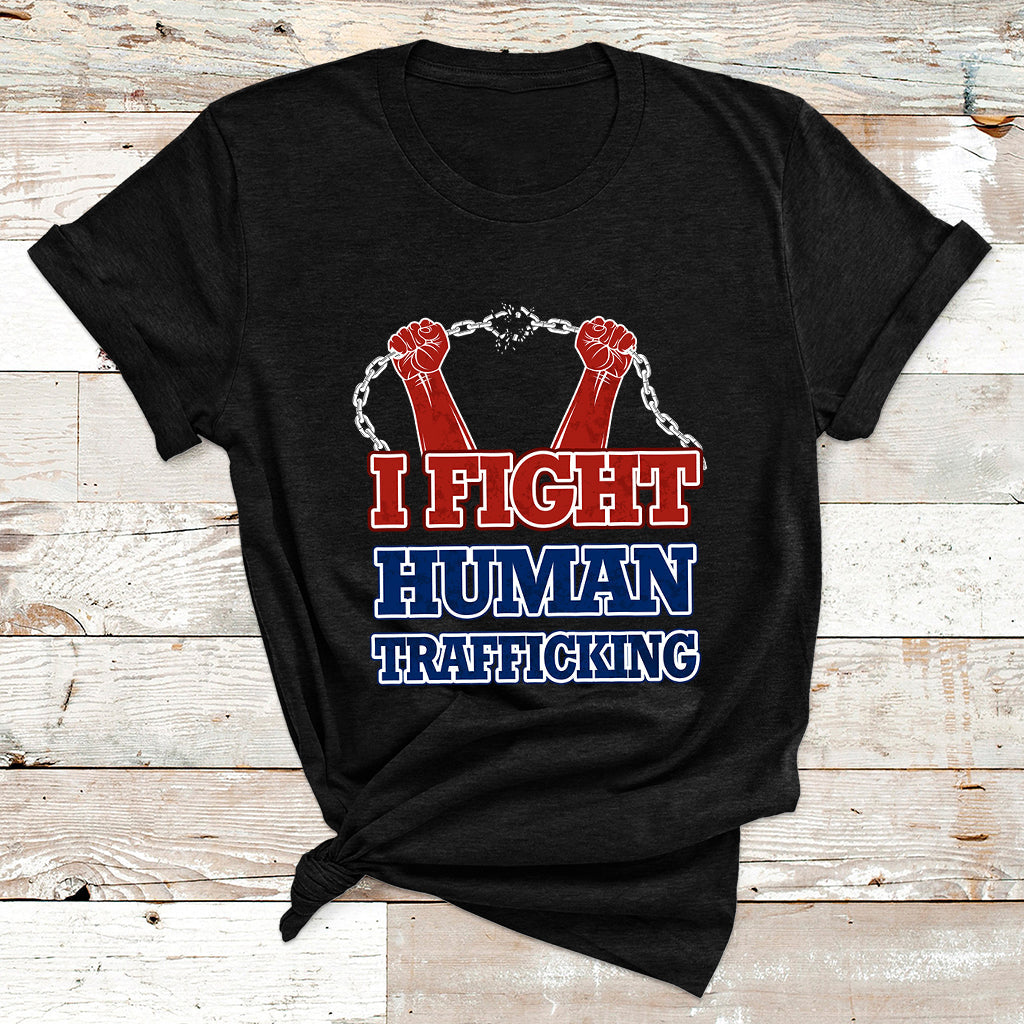 Black graphic T-shirt with “I FIGHT HUMAN TRAFFICKING” chain fist print