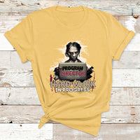Daisy yellow crew-neck T-shirt with short sleeves and “Hard Work in Progress” graphic.