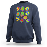 Navy crewneck math sweatshirt with colorful 1–10 number burst graphic