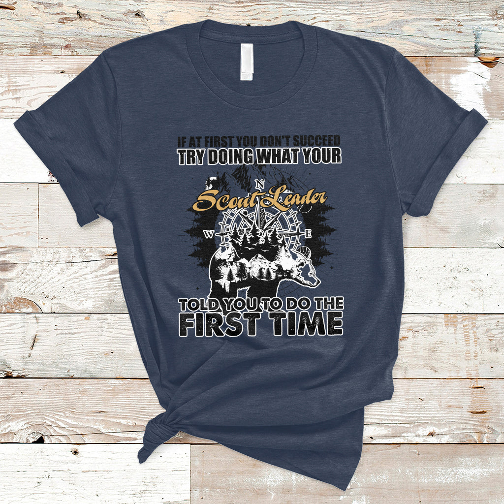 Graphic camping t-shirt, navy crew neck with front slogan and outdoor illustration.