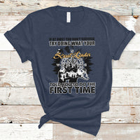 Graphic camping t-shirt, navy crew neck with front slogan and outdoor illustration.