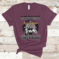 Graphic camping t-shirt, maroon crew neck with front slogan and outdoor illustration.