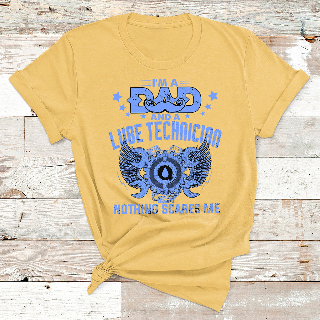 Yellow crewneck T-shirt with blue lube technician wings graphic, front print