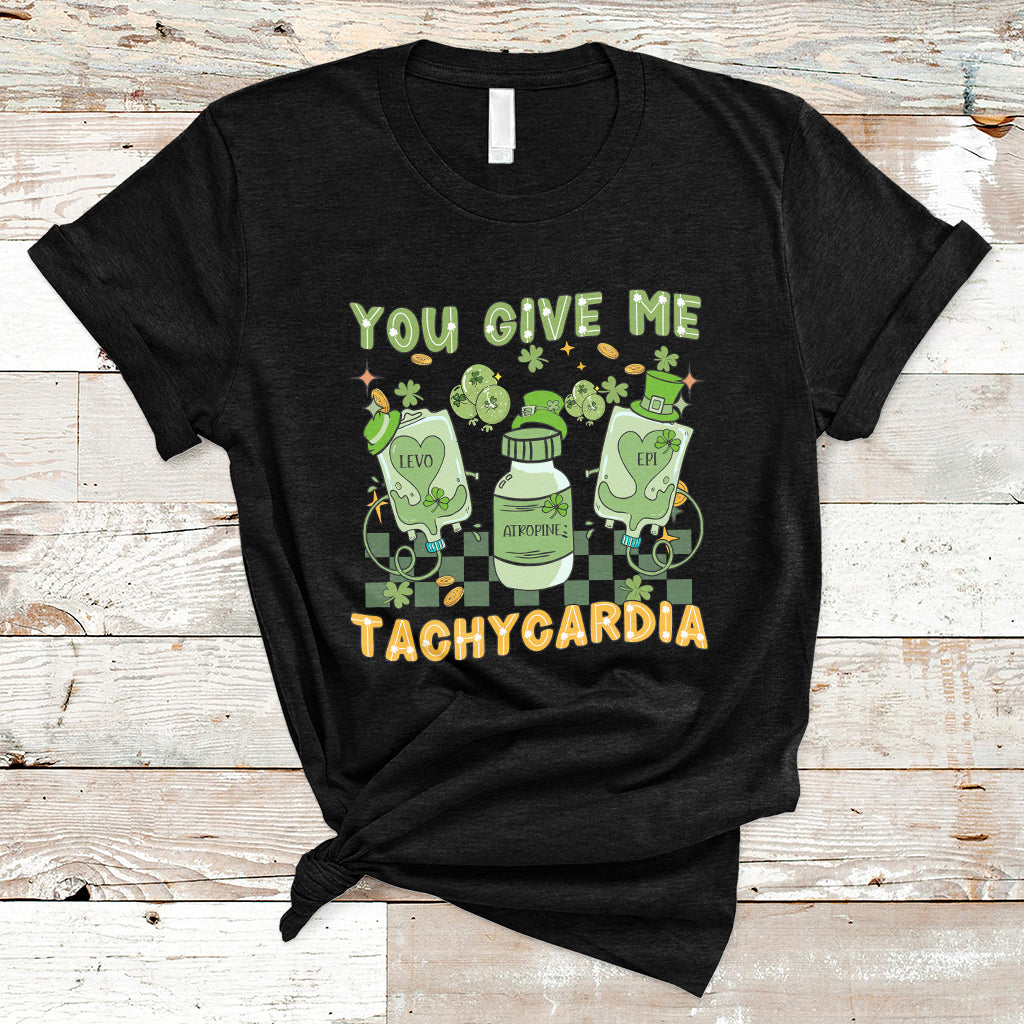 Black T-shirt with “YOU GIVE ME” tachycardia St. Patrick’s Day graphic