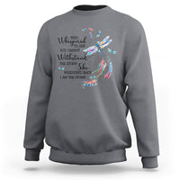 Charcoal gray sweatshirt with dragonfly graphic and short lyric text on chest
