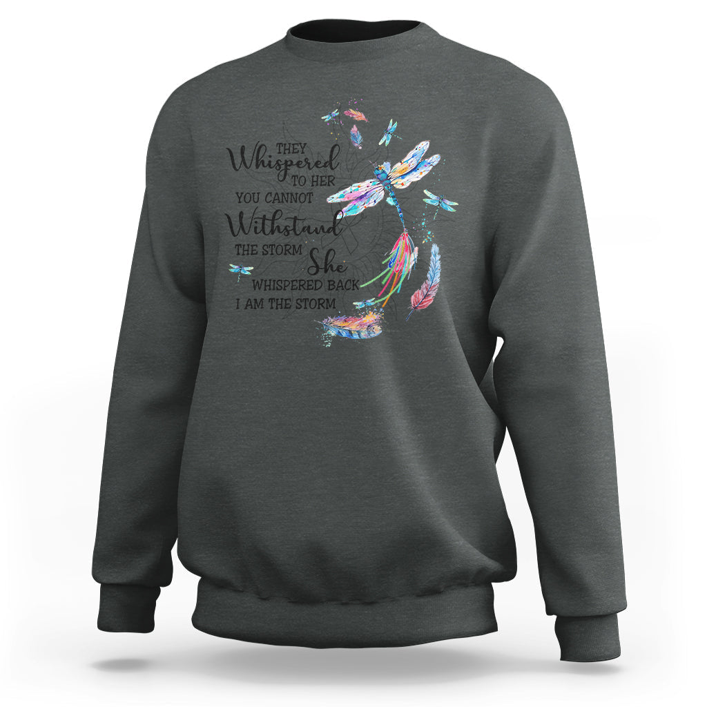 Dark heather sweatshirt with dragonfly graphic and white text on chest