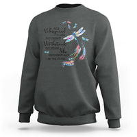 Dark heather sweatshirt with dragonfly graphic and white text on chest
