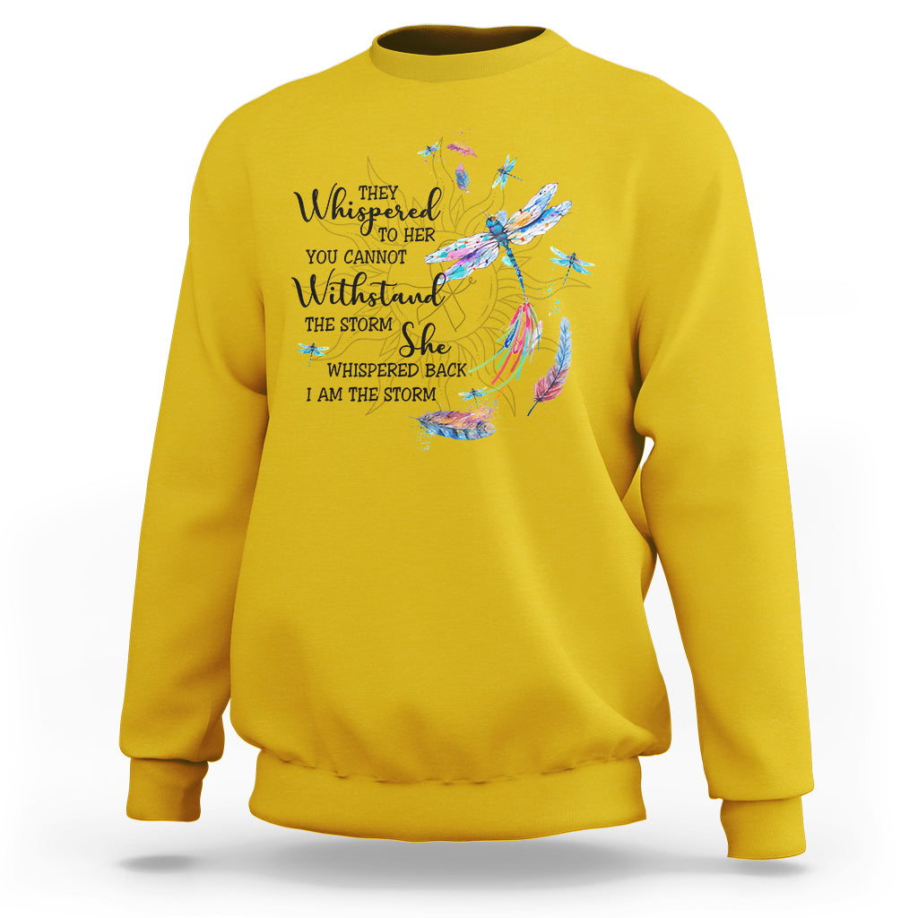 Daisy yellow sweatshirt with multicolor dragonfly graphic and lyric text