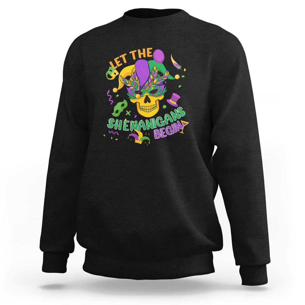 Let The Shenanigans Begin Mardi Gras Costume Mask Skull Sweatshirt - Wonder Print Shop