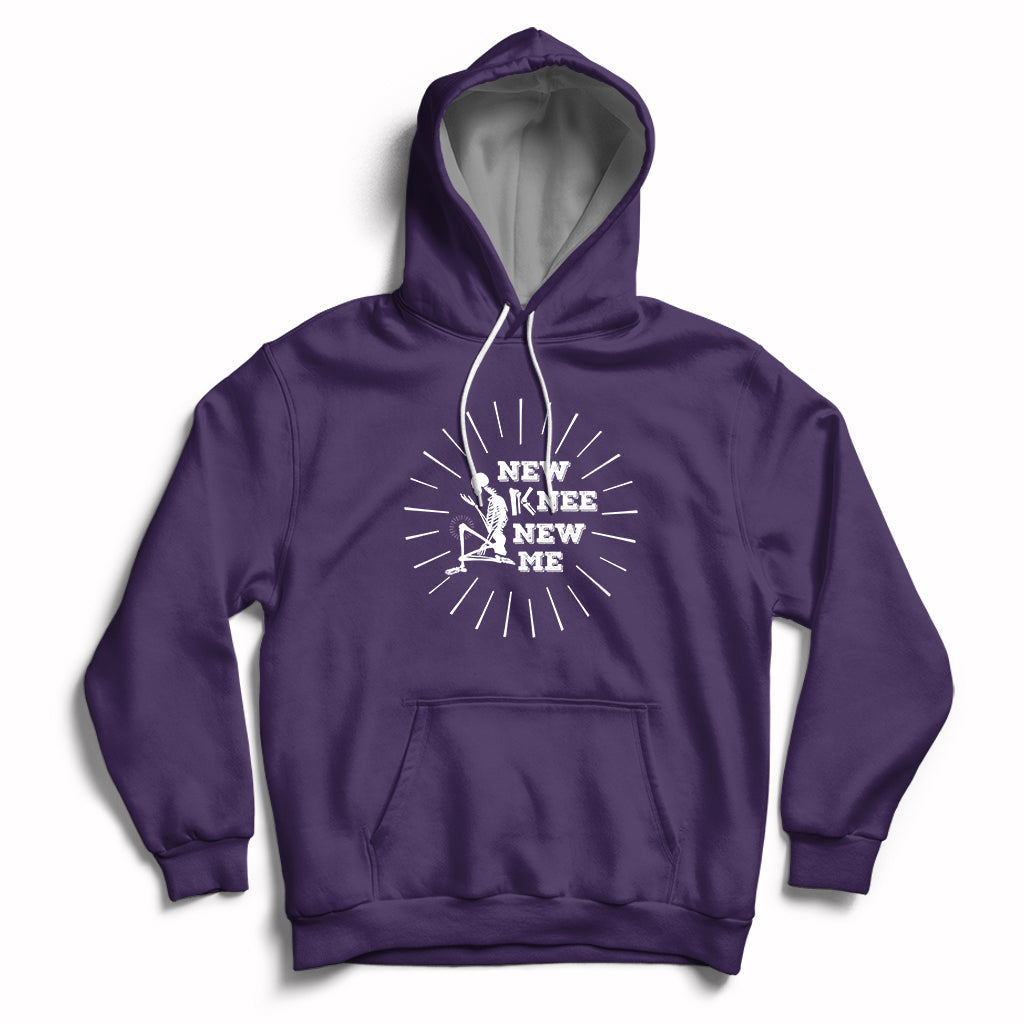 Purple knee skeleton recovery hoodie with front pocket and 'NEW KNEE NEW ME' chest print