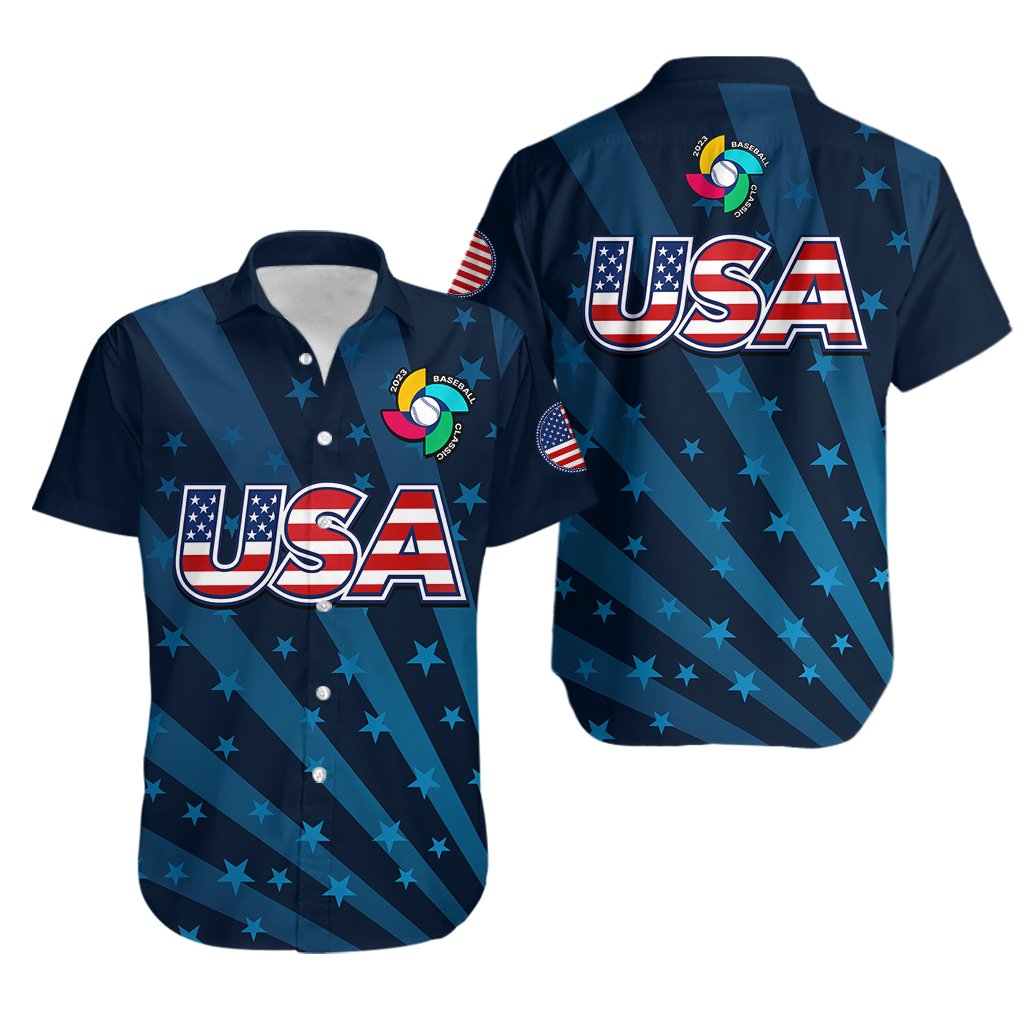 Blue button-up Hawaiian shirt with USA graphic and star pattern