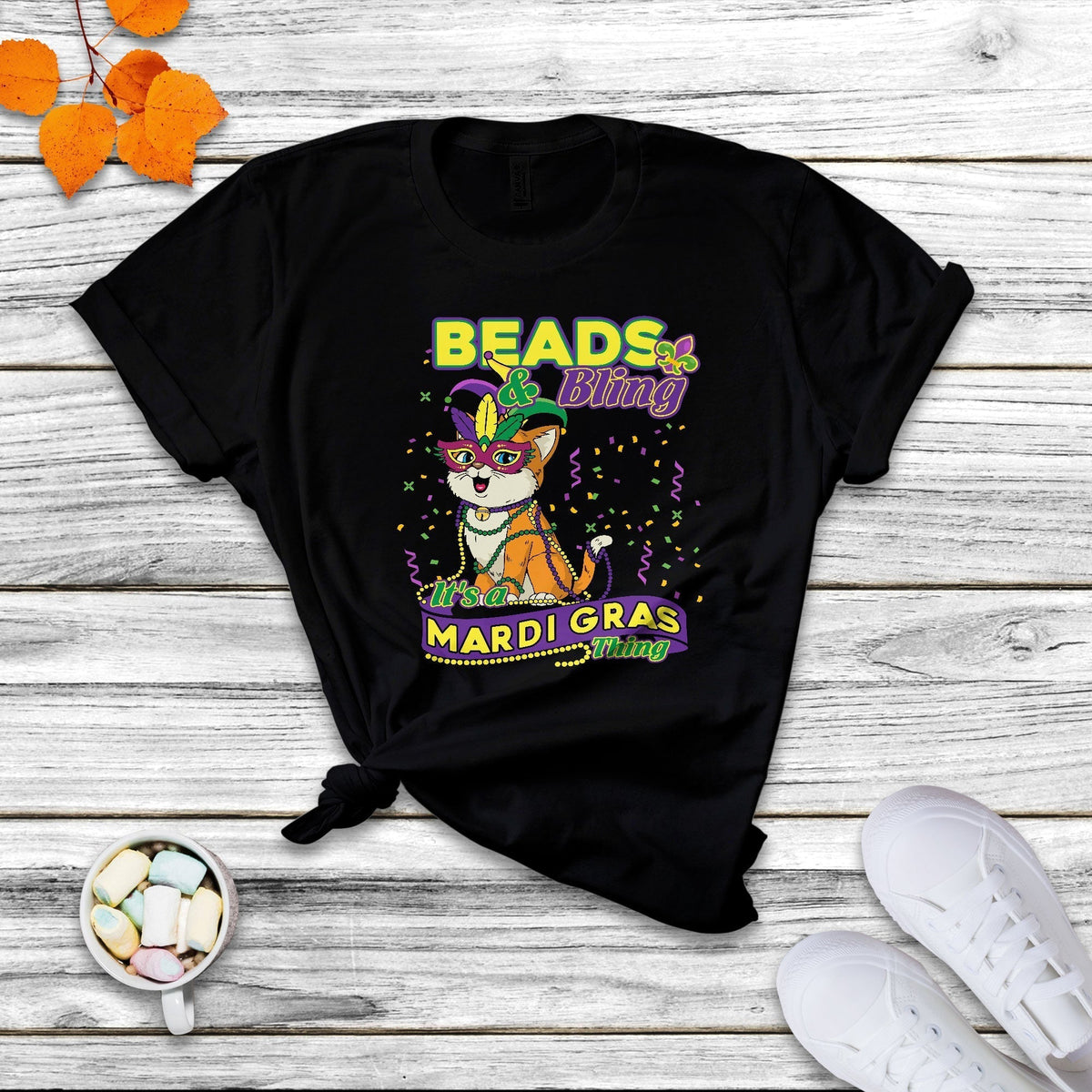 Black Mardi Gras tee with cat Beads & Bling graphic