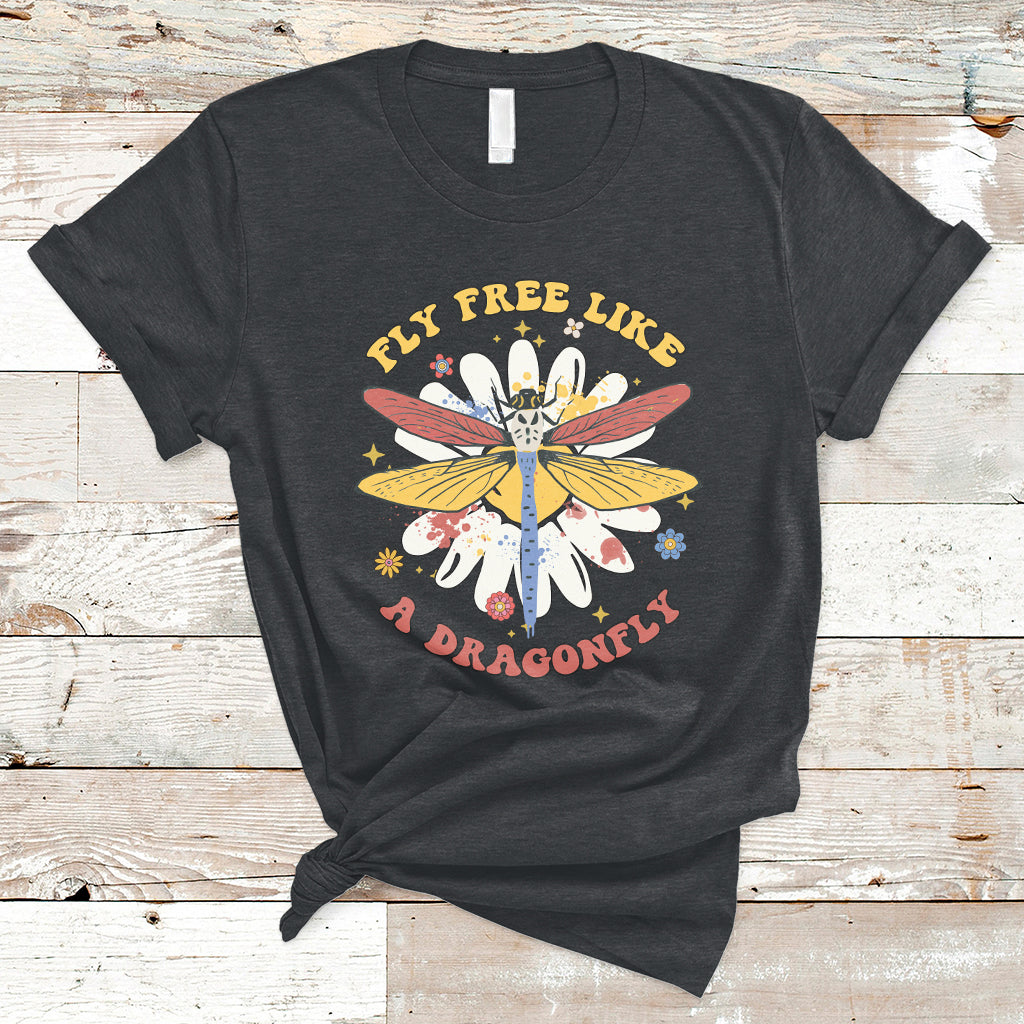 Retro Fly Free Like A Dragonfly Wildflower Motivational T Shirt - Wonder Print Shop