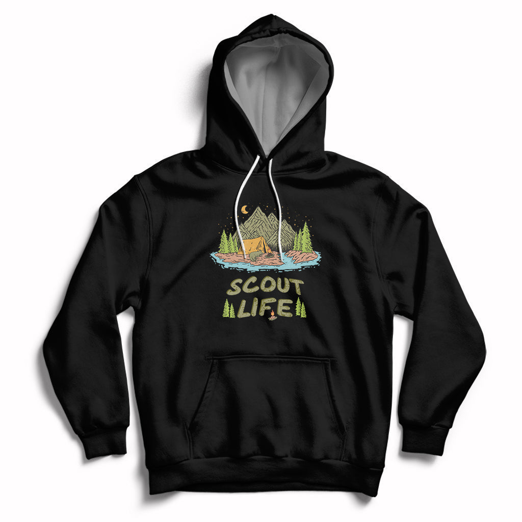 Black pullover hoodie with “Scout Life” graphic, front pocket, and hood drawstrings