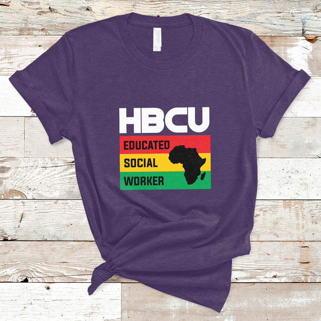 Purple graphic T-shirt with HBCU Educated Social Worker front print