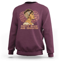 Maroon crewneck sweatshirt with woman profile graphic and 'PRETTY BLACK AND EDUCATED' text