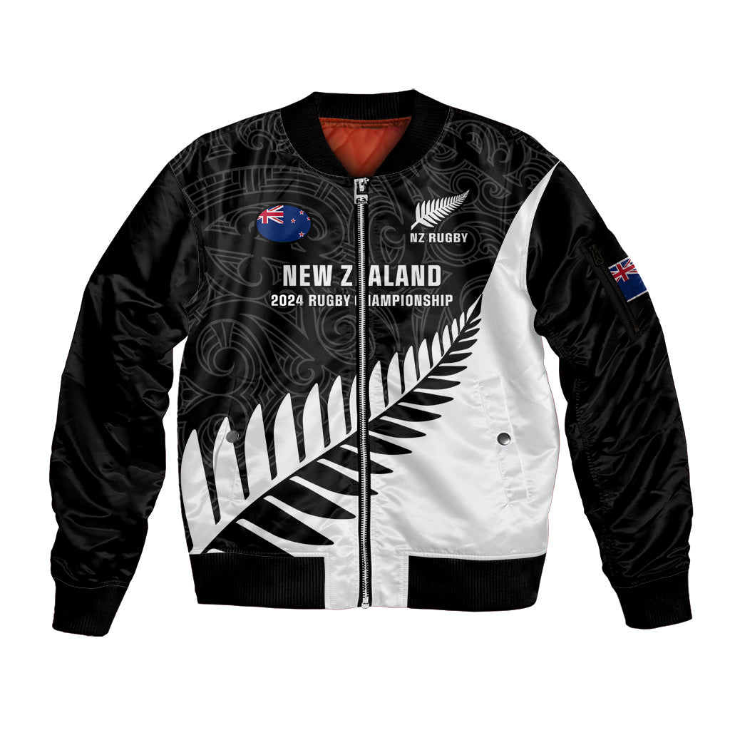 Personalised New Zealand Silver Fern Rugby Sleeve Zip Bomber Jacket All Black 2024 Go Champions Maori Pattern - Wonder Print Shop