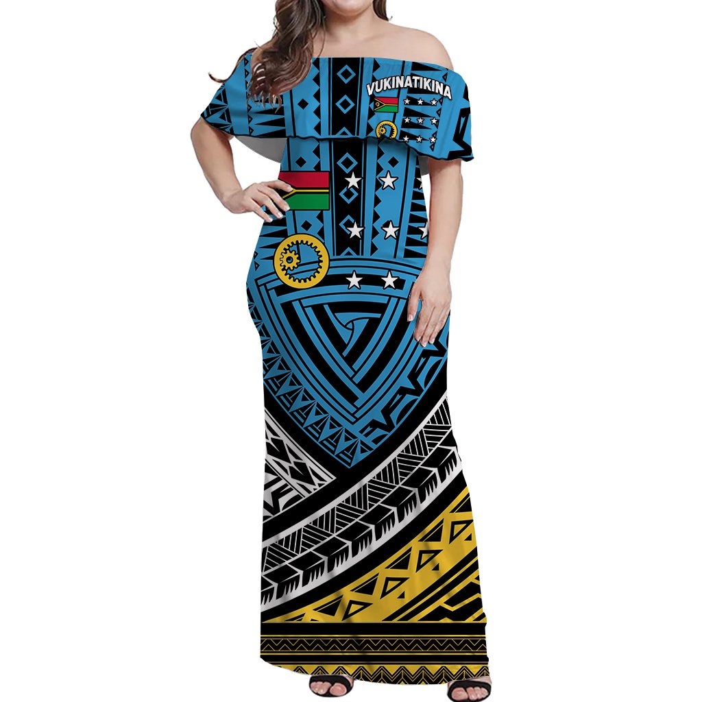Blue off-shoulder long dress with tribal geometric pattern, flutter sleeves