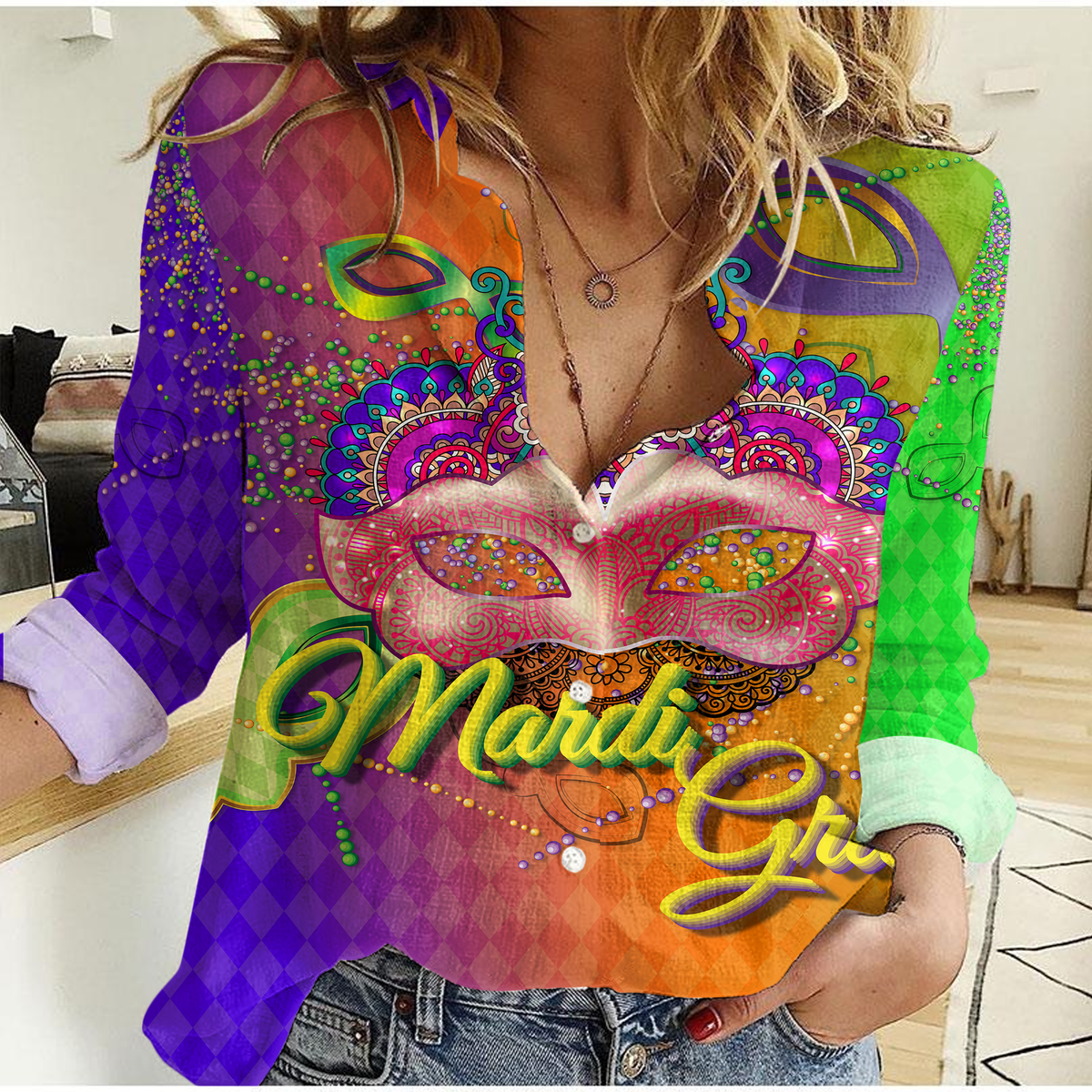 Women’s casual shirt with colorful Mardi Gras mask graphic and beaded dots, orange/purple/green