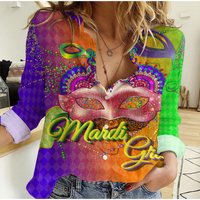 Women’s casual shirt with colorful Mardi Gras mask and beads print, green purple.