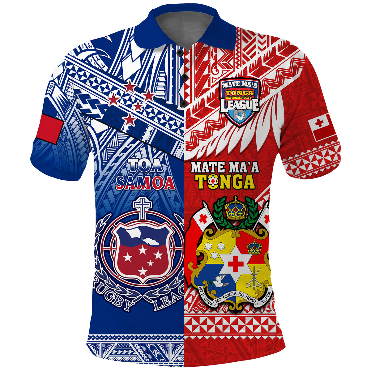 Rugby polo shirt with blue and red Polynesian graphic, short sleeves, button collar
