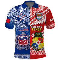 Rugby polo shirt with blue and red Polynesian graphic, short sleeves, button collar