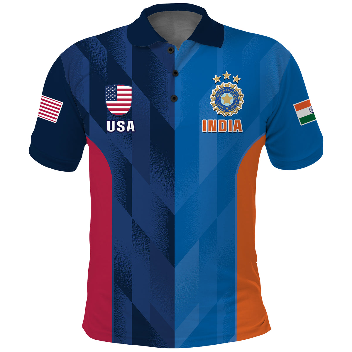 Blue button polo with USA and India patches and crest emblem, short sleeves