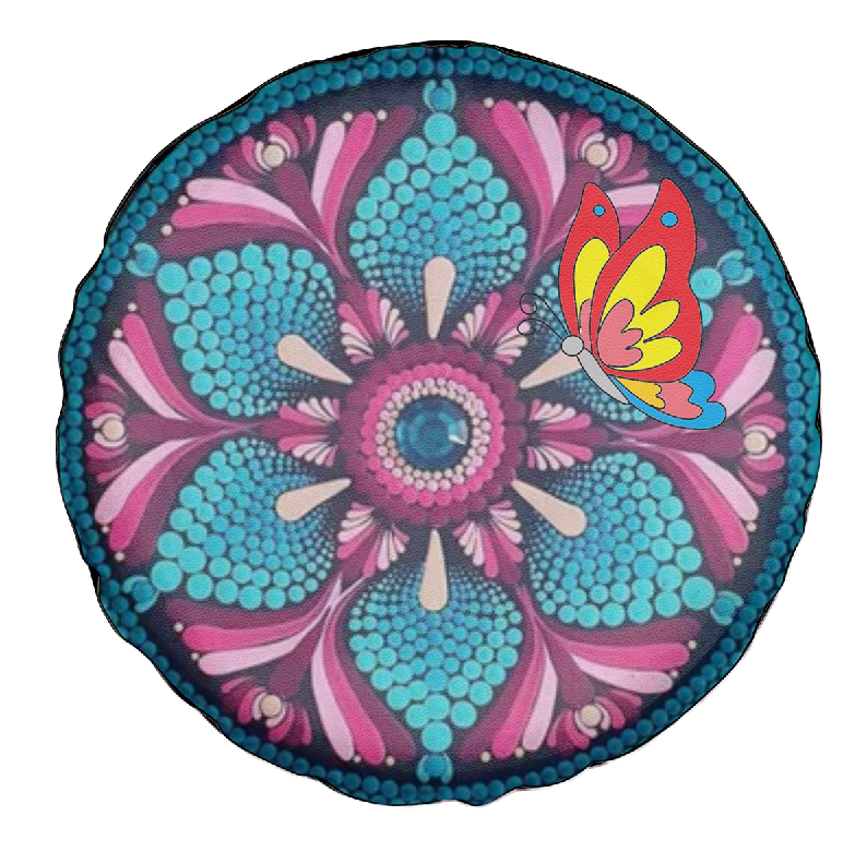 Decorative spare tire cover with turquoise floral mandala and butterfly graphic