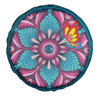 Decorative spare tire cover with turquoise floral mandala and butterfly graphic