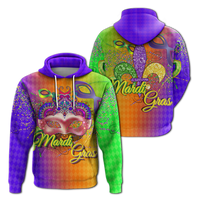 Colorful pullover hoodie with ornate mask graphic, glitter confetti dots, hood
