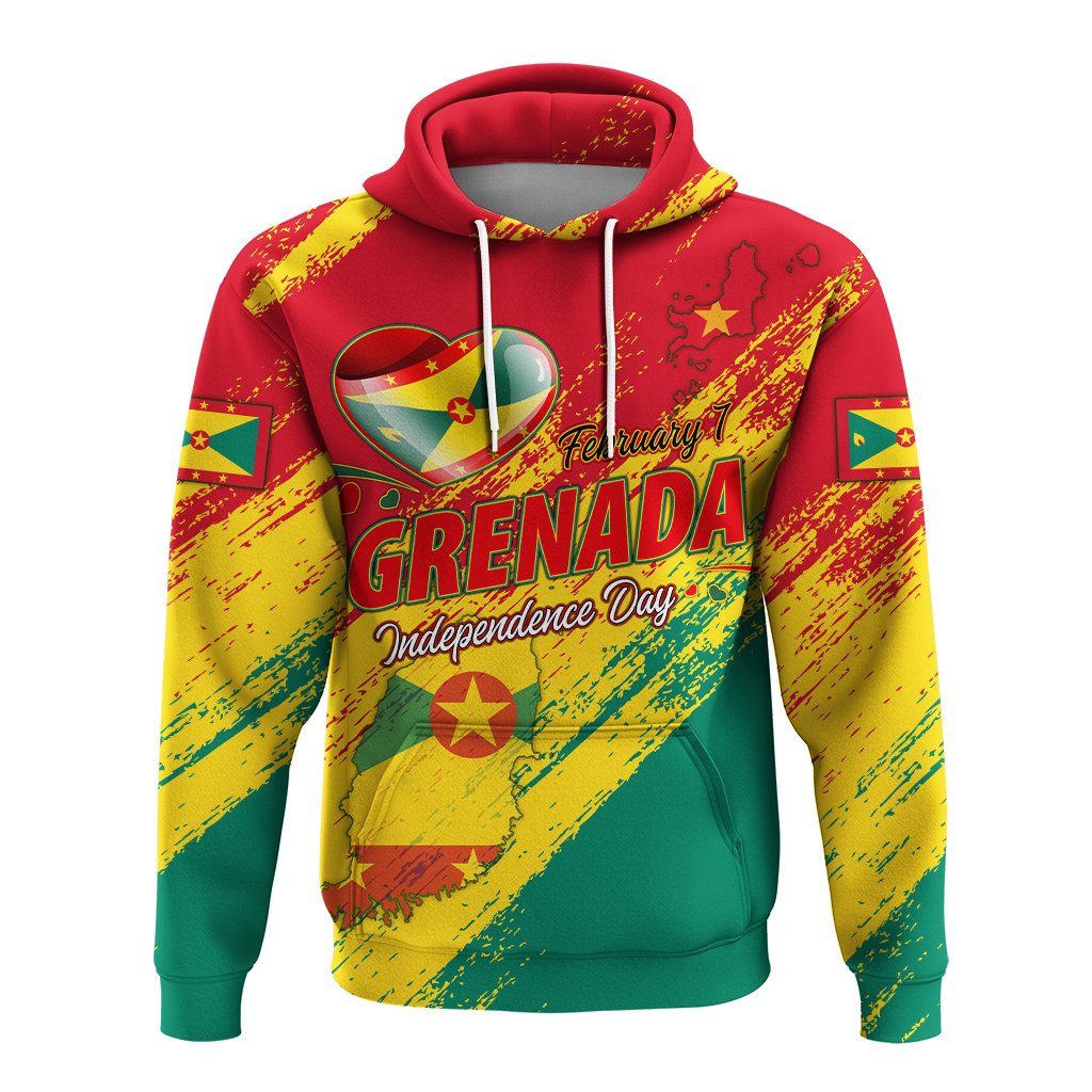 Red hooded sweatshirt with yellow brush strokes, green base, Independence Day graphic