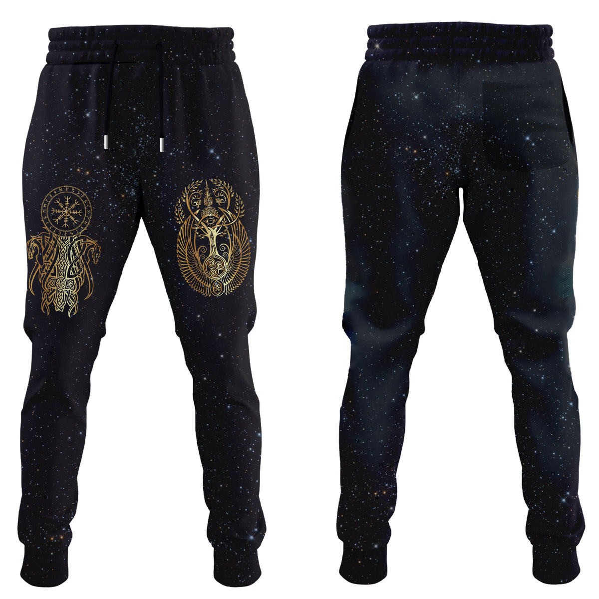 Dark jogger pants with multicolor galaxy speckle and gold Viking emblem on thighs