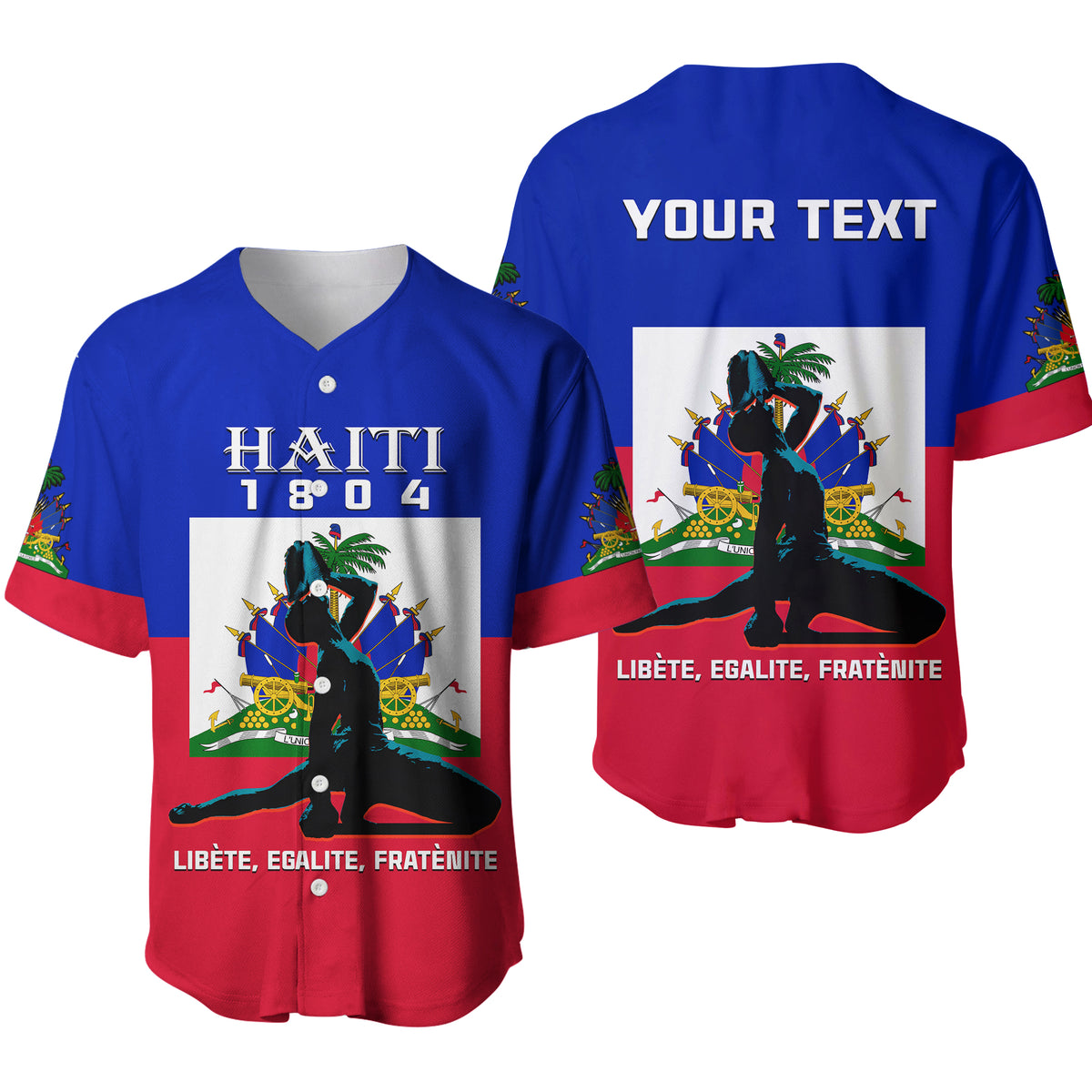 Haiti baseball jersey, blue and red with front print and Haitian flag graphic