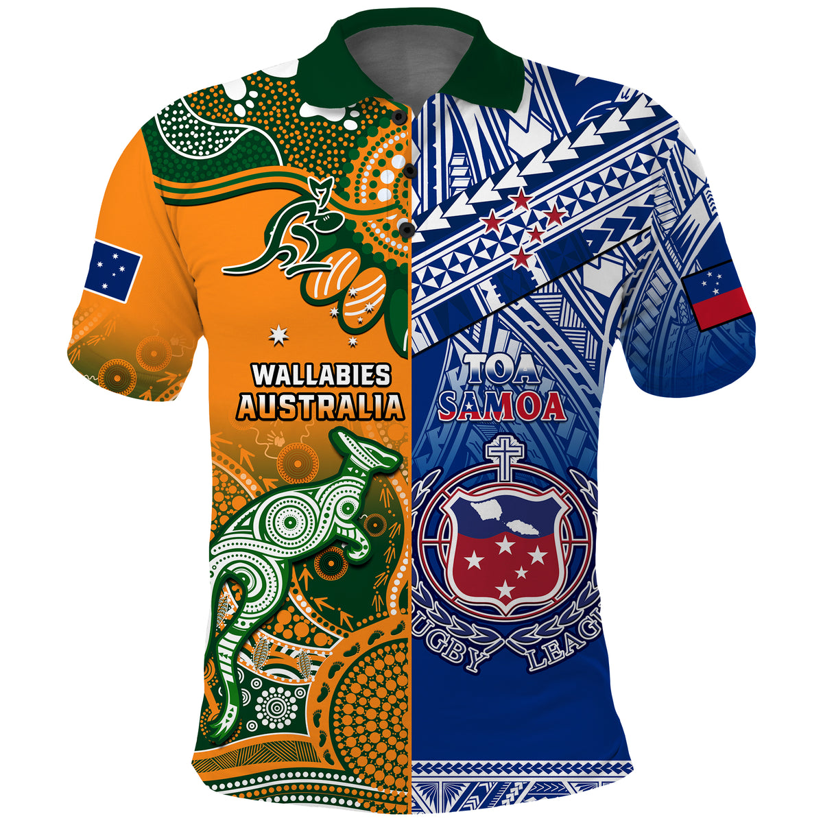 Rugby polo shirt with green collar, orange-and-blue tribal half print, lizard and star emblems