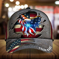 American patriot hat with 3D eagle graphic and stars, gray crown, “YOUR NAME” on brim
