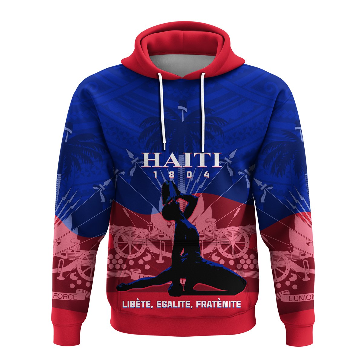 Blue pullover hoodie with red hood and drawstrings, large Haiti graphic on front