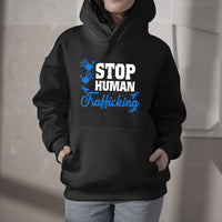 Black pullover hoodie with blue STOP HUMAN Trafficking chest graphic