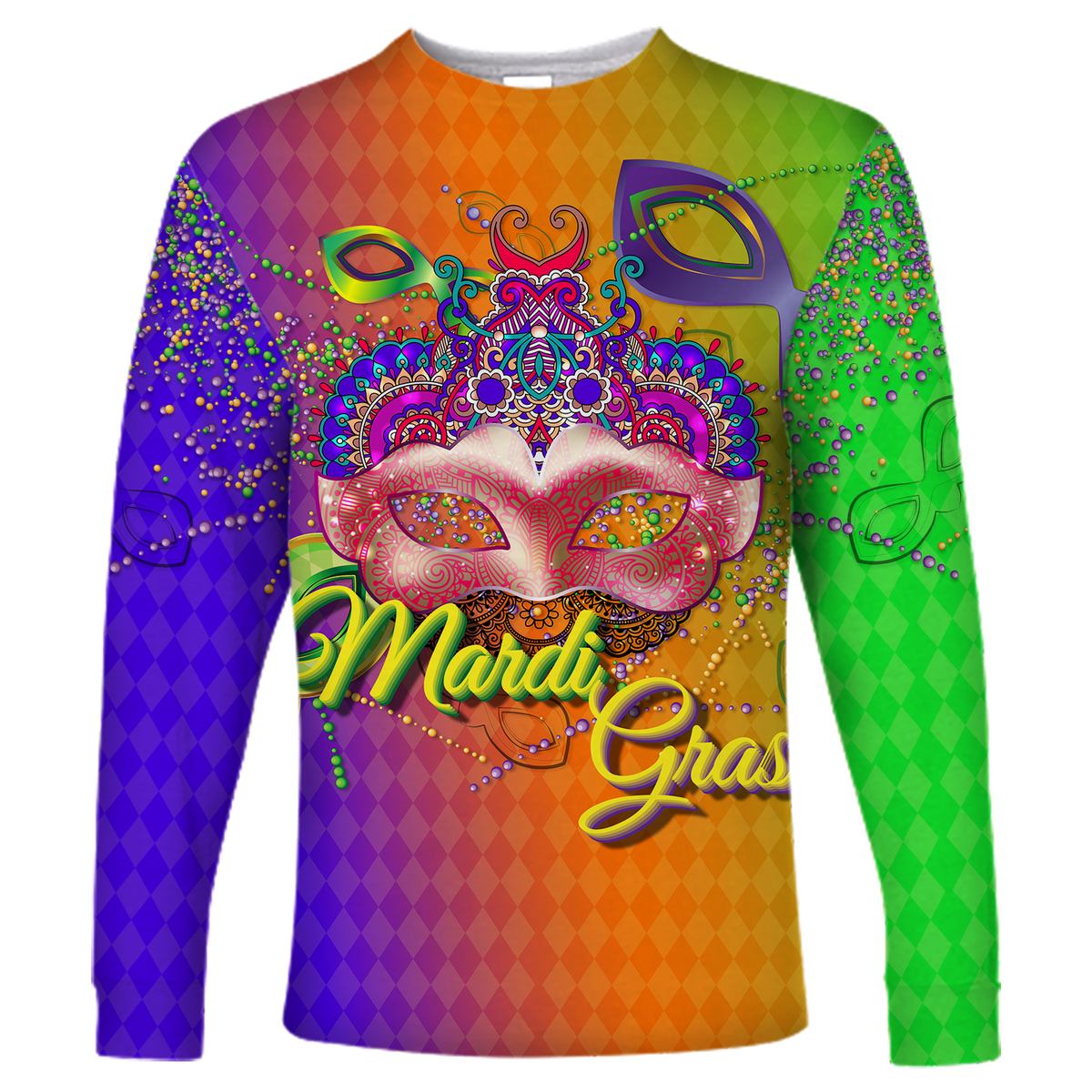 Green long-sleeve shirt with Mardi Gras mask graphic and colorful beads, full front view