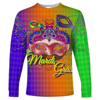 Green long-sleeve shirt with Mardi Gras mask graphic and colorful beads, full front view