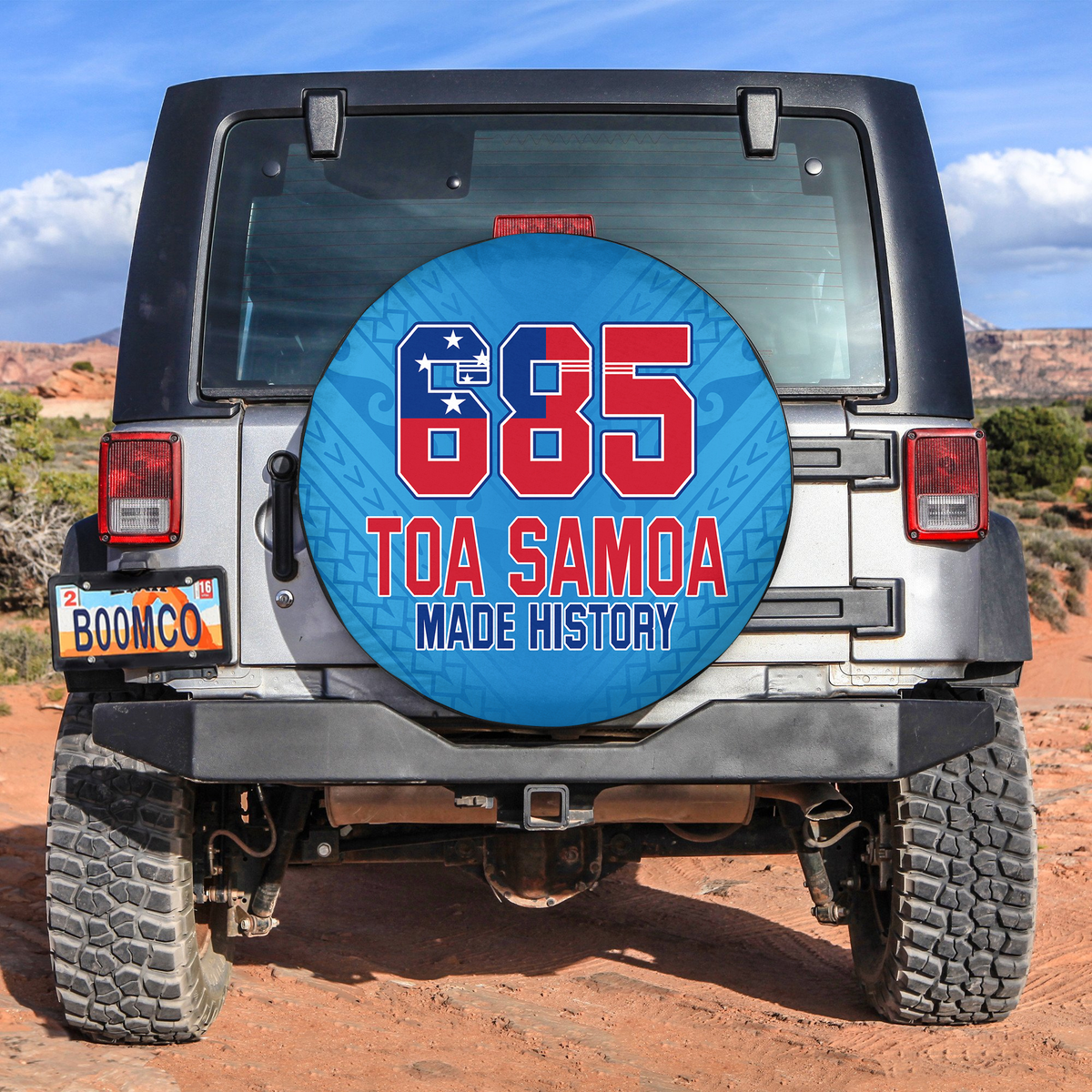 Rugby spare tire cover, blue circular design with '685' and 'Toa Samoa Made History' text