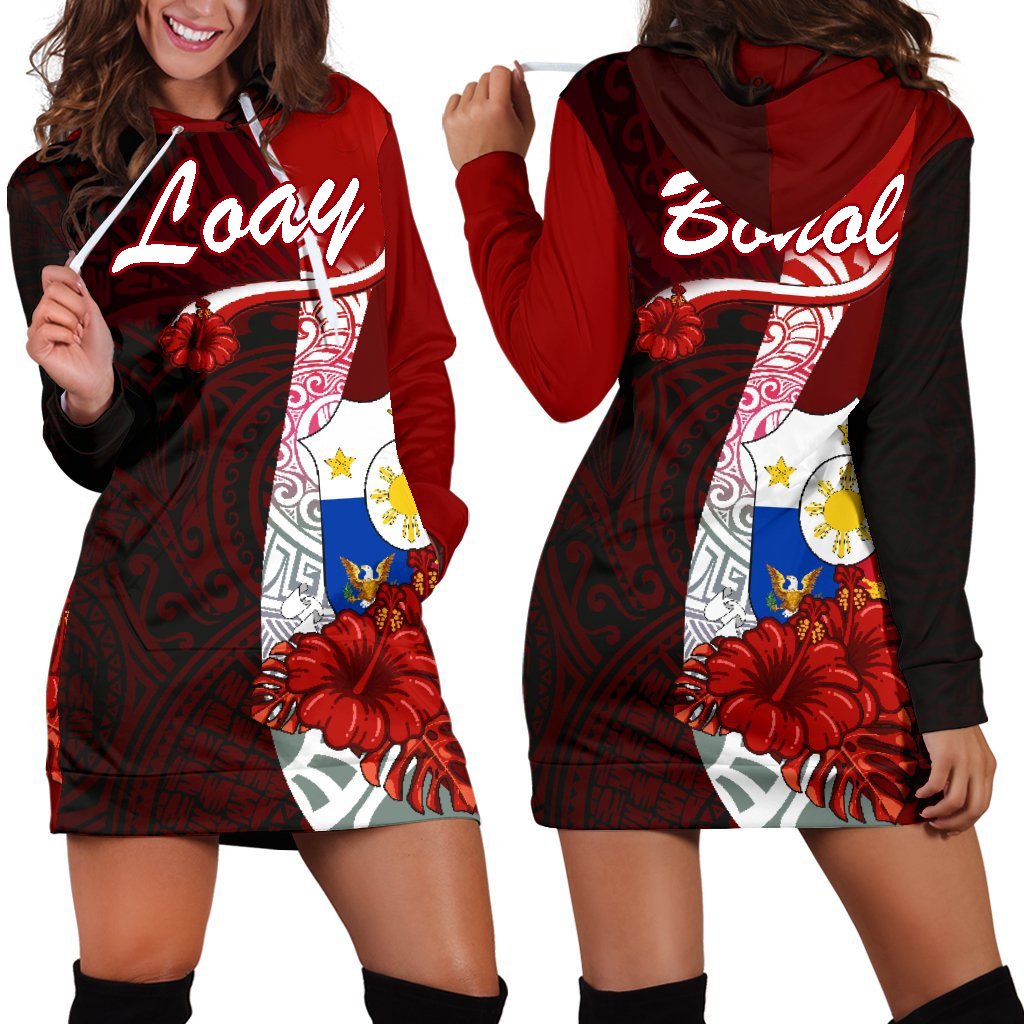 Red hoodie dress with front pocket, long sleeves, hibiscus and crest graphic