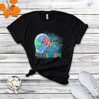 Black autism awareness T-shirt, puzzle graphic with “Light it up for Autism” text