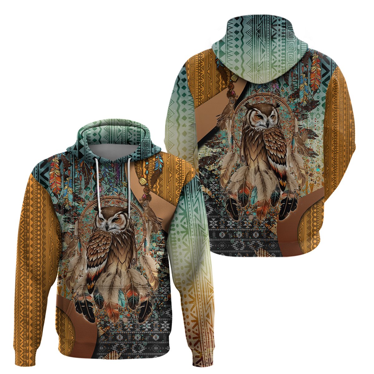 Dreamcatcher owl hoodie, front and back views shown, multicolor tribal pattern, hood