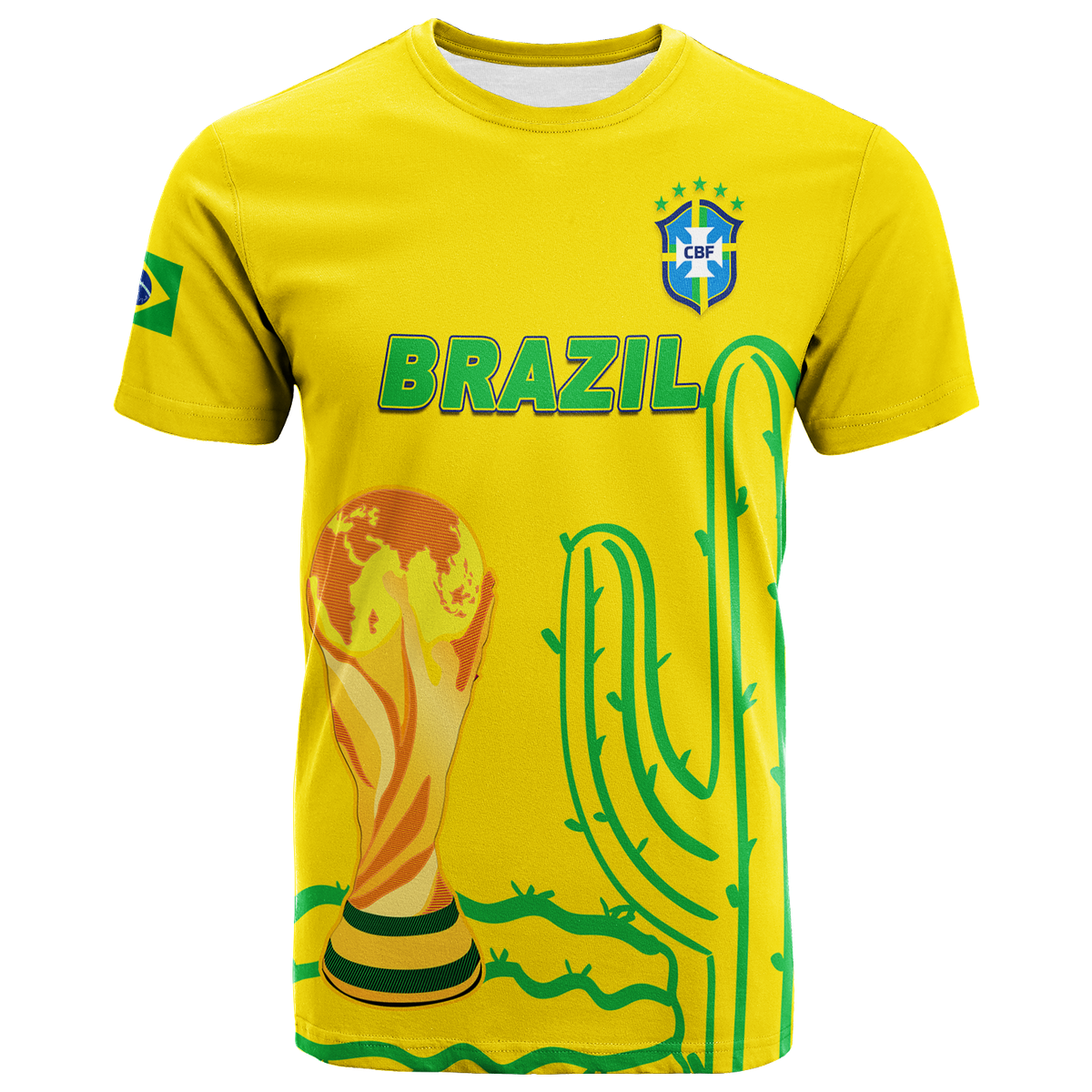 Yellow Brazil football T-shirt front with BRASIL text, CBF crest, and cactus artwork