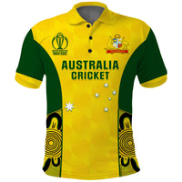 Yellow and green cricket polo shirt front with button collar, Australia Cricket print and crest