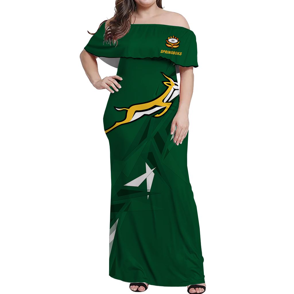 Women’s green off-shoulder long dress with Springboks crest and graphic print